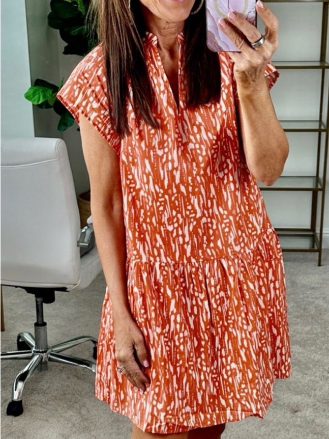 Pinch Short Sleeve Mini Dress In Rust And White Print